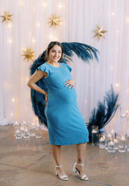 Baby Blue Ribbed Ruffle-Sleeve Maternity Dress
