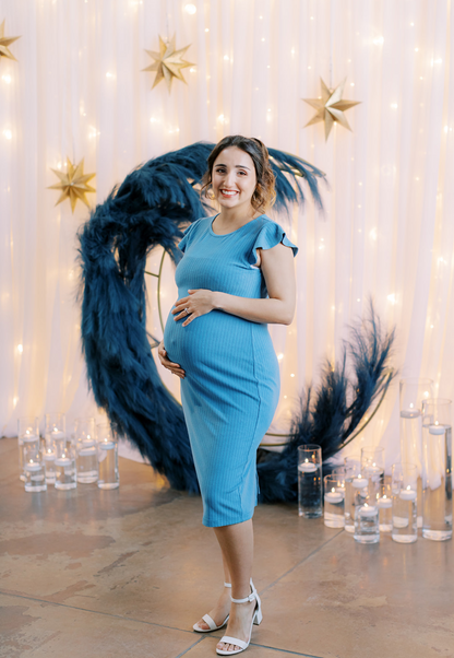 Baby Blue Ribbed Ruffle-Sleeve Maternity Dress