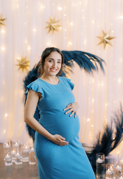 Baby Blue Ribbed Ruffle-Sleeve Maternity Dress