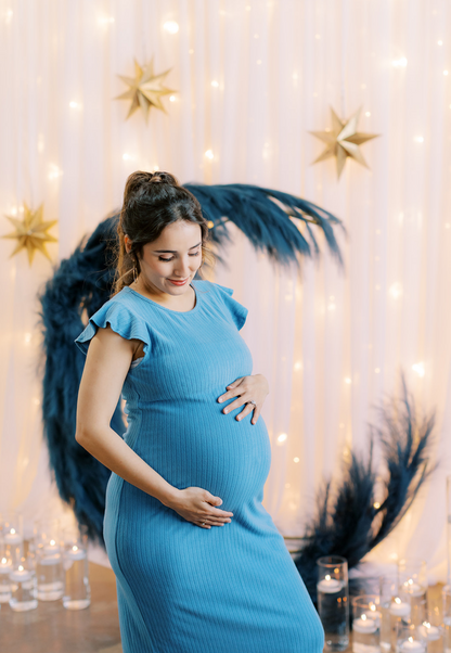 Baby Blue Ribbed Ruffle-Sleeve Maternity Dress