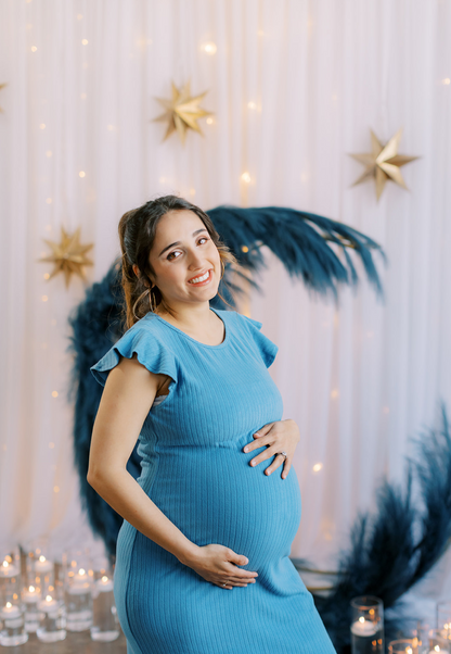 Baby Blue Ribbed Ruffle-Sleeve Maternity Dress