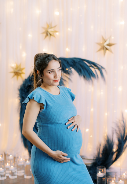 Baby Blue Ribbed Ruffle-Sleeve Maternity Dress