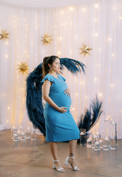 Baby Blue Ribbed Ruffle-Sleeve Maternity Dress