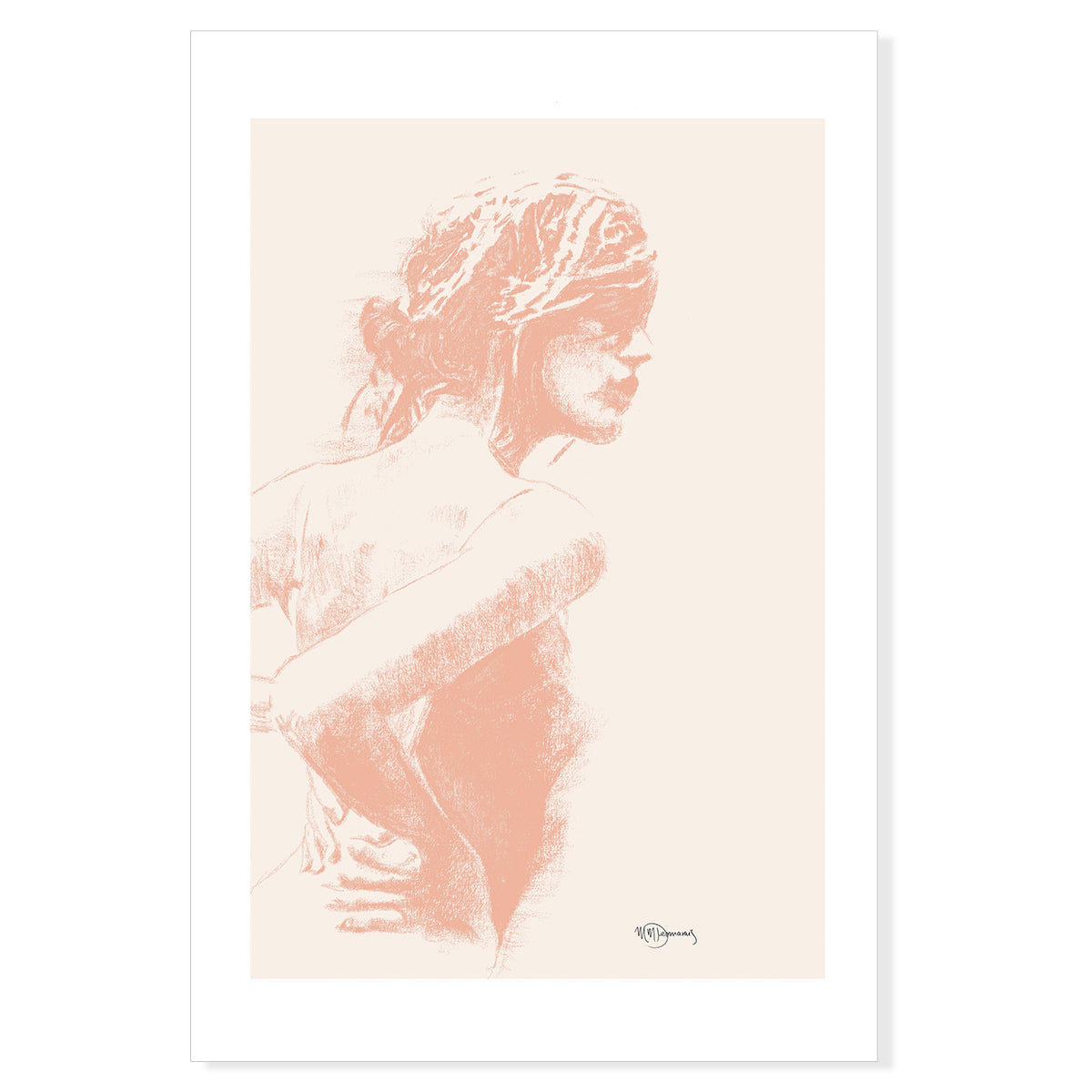 Silhouette féminine au fusain - Abricot sur crème - impression d'art