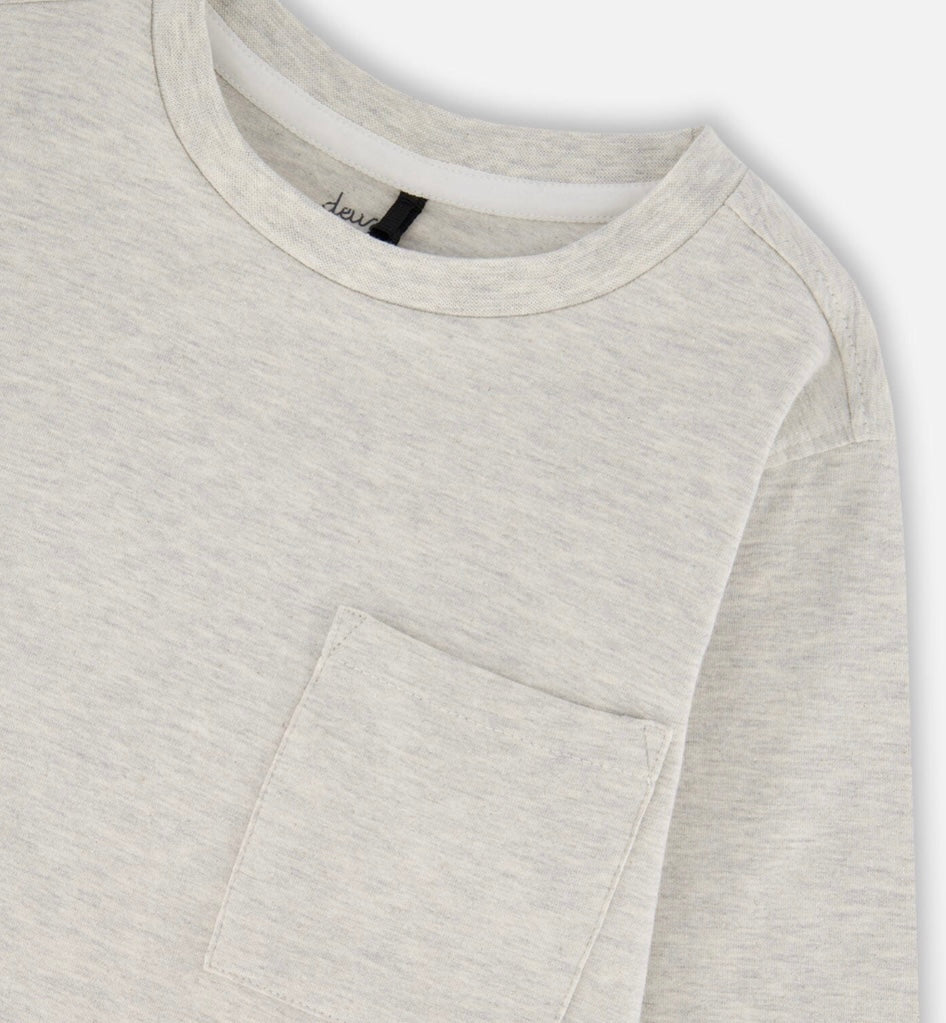 T-Shirt en jersey de coton bio à poche | Beige Gris Chiné | Deux Par Deux