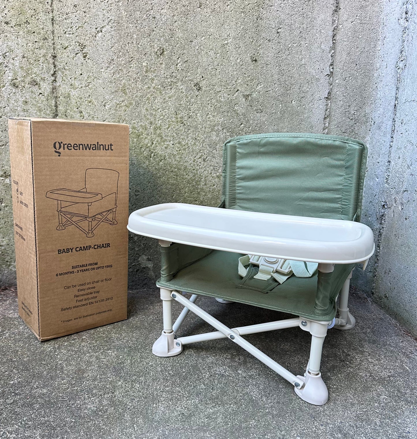 Chaise haute portable | Chaise de camping | Rehausseur avec plateau amovible (Vert armée)
