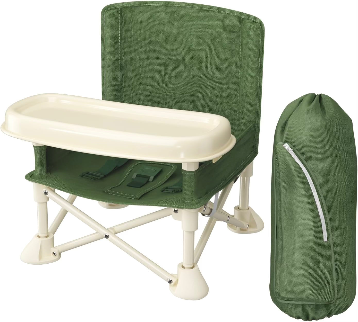 Chaise haute portable | Chaise de camping | Rehausseur avec plateau amovible (Vert armée)