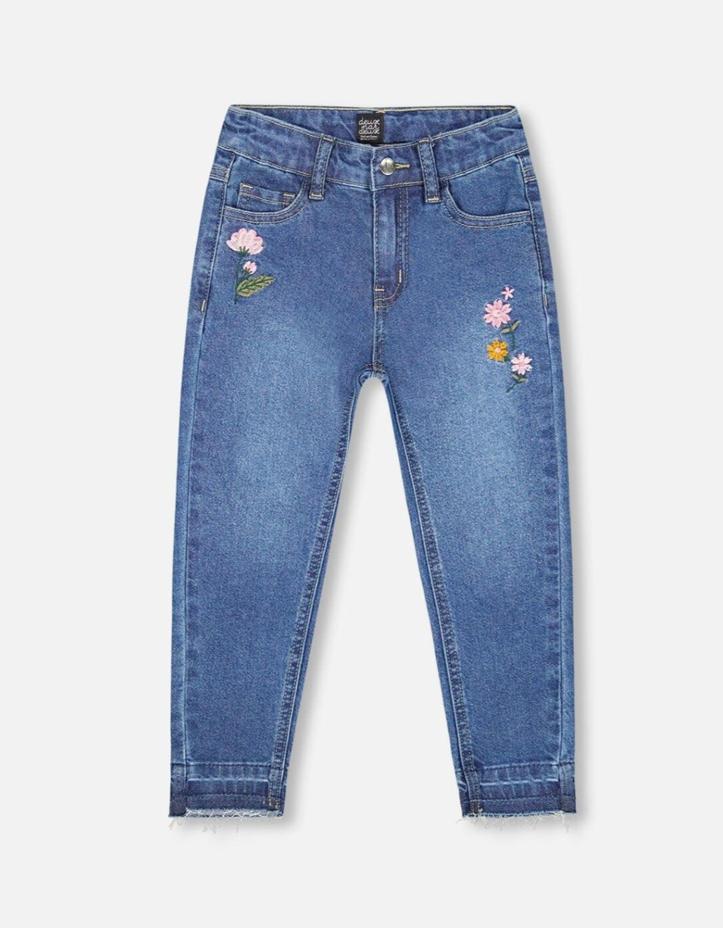 Jean à ourlets effilochés et broderies florales | Bleu | Deux Par Deux