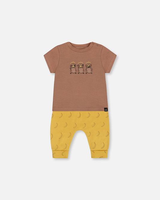 Printed Organic Cotton Top And Pant Set Yellow Bananas And Brown