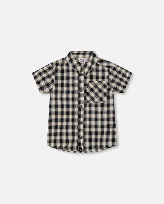 Short Sleeve Button Down Shirt Black And Beige Plaid