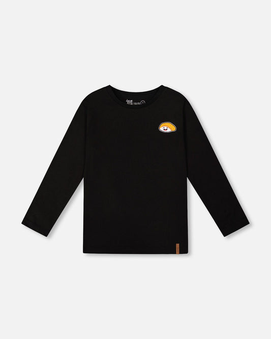 Long Sleeve Jersey Tee Shirt Black With Print Back & Front