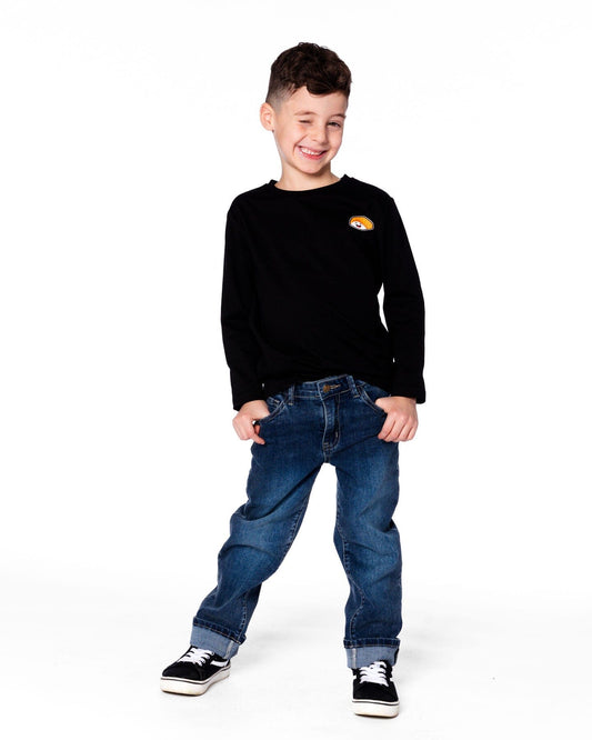 Long Sleeve Jersey Tee Shirt Black With Print Back & Front