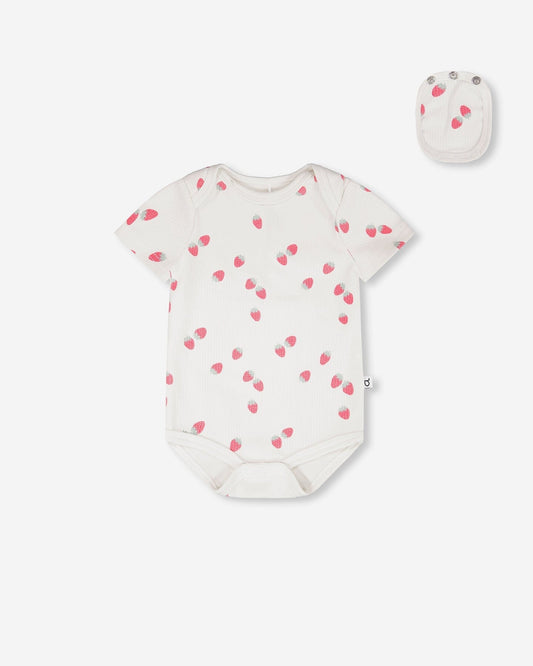 Evolutive Cotton Rib Jersey Onesie White Printed Strawberries