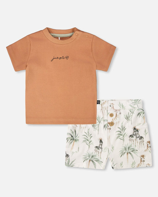 Cotton Rib Jersey T-Shirt And Organic Cotton Jersey Short Set Caramel And Beige Zebra Print