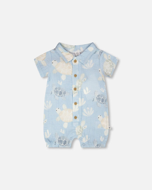 Muslin Romper Blue Turtle Print