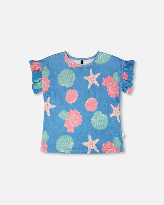 Crinkle Jersey T-Shirt Blue Shell Print