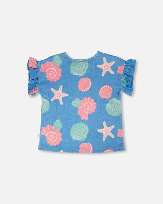 Crinkle Jersey T-Shirt Blue Shell Print