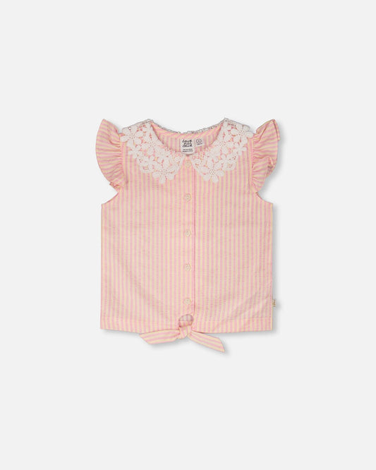 Sleeveless Shirt Pink And Yellow Stripes With Crochet Collar