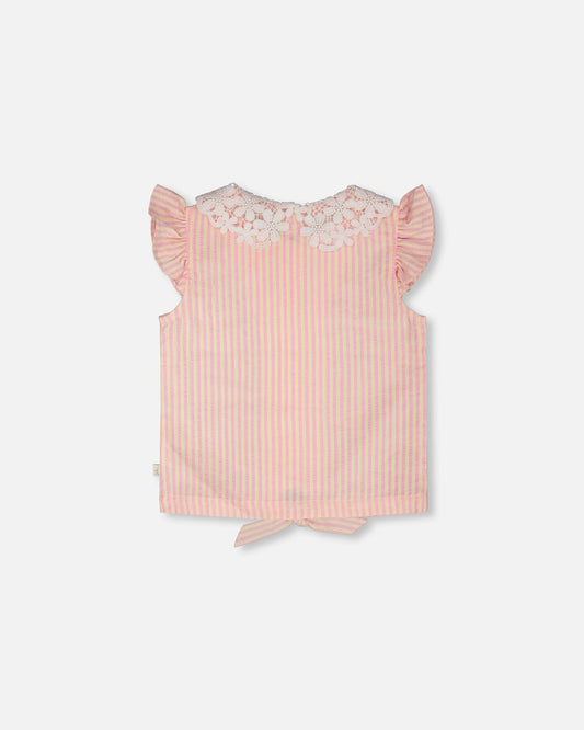 Sleeveless Shirt Pink And Yellow Stripes With Crochet Collar