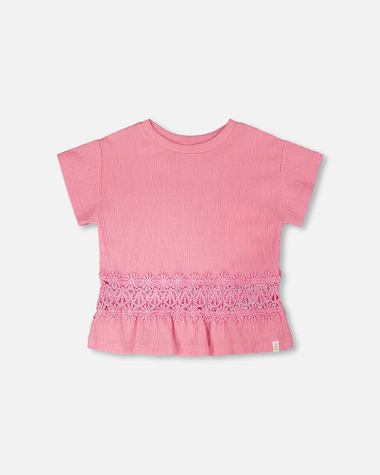 Crinkle Jersey Long T-Shirt With Crochet Insert Pink
