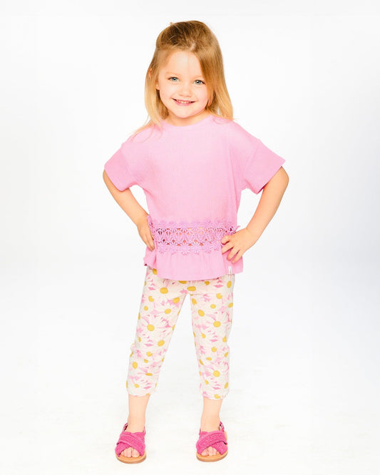 Crinkle Jersey Long T-Shirt With Crochet Insert Pink