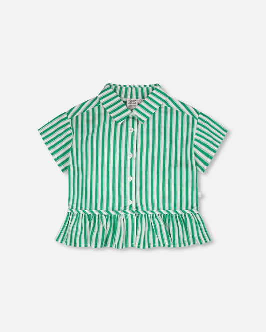 Short Sleeve Striped Button Down Shirt Green
