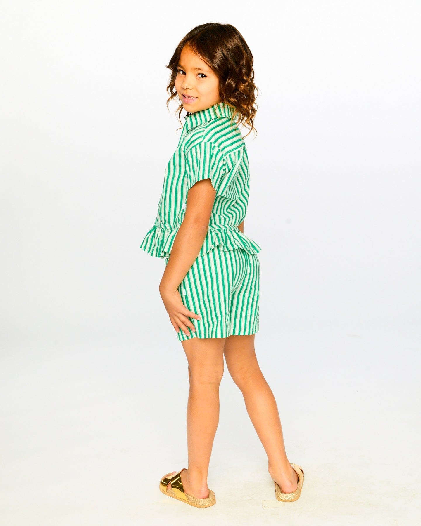 Short Sleeve Striped Button Down Shirt Green