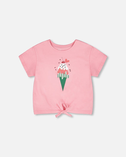 Organic Cotton Jersey T-Shirt With Tie At Waist Pink
