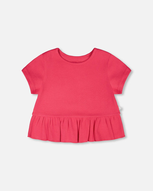 Rib Crop T-Shirt With Frill Pink