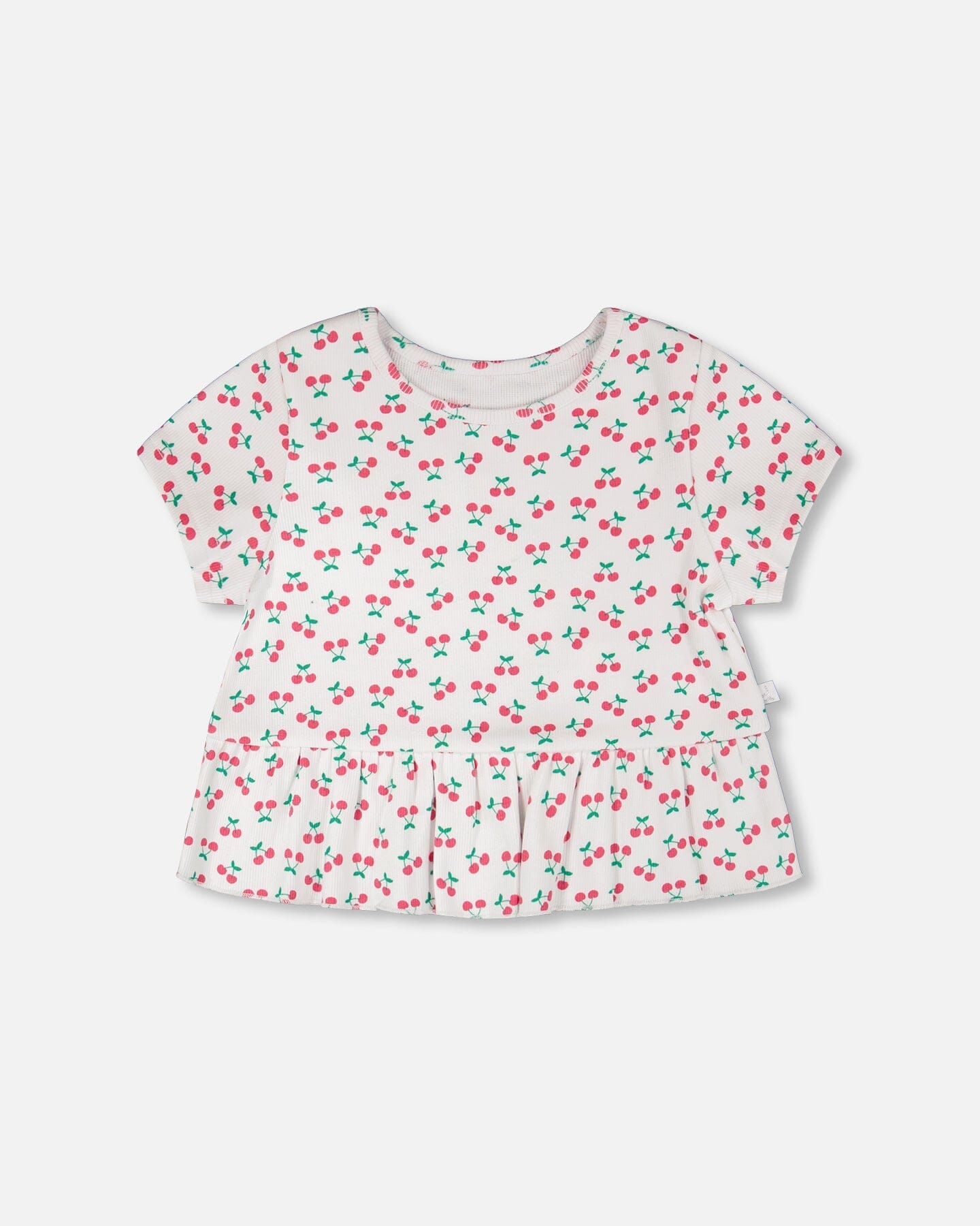 Rib Crop T-Shirt With Frill White Printed Cheeries