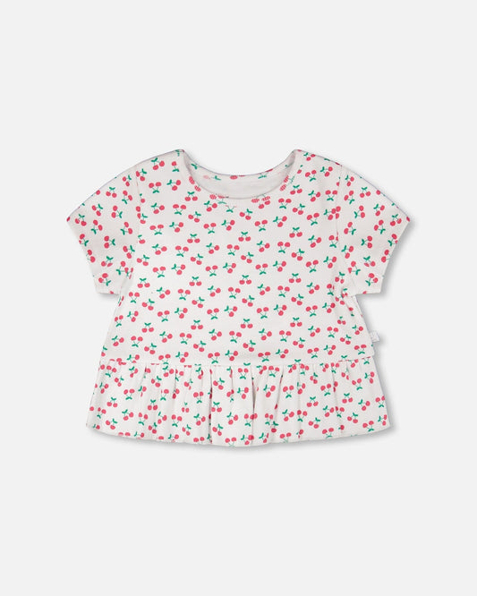 Rib Crop T-Shirt With Frill White Printed Cheeries