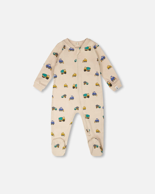 Organic Cotton Baby One-Piece Pyjama Beige Truck Print