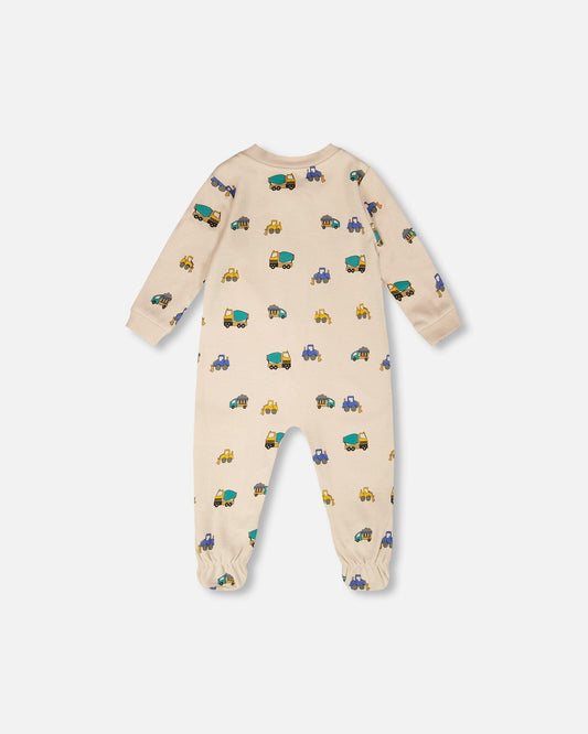 Organic Cotton Baby One-Piece Pyjama Beige Truck Print