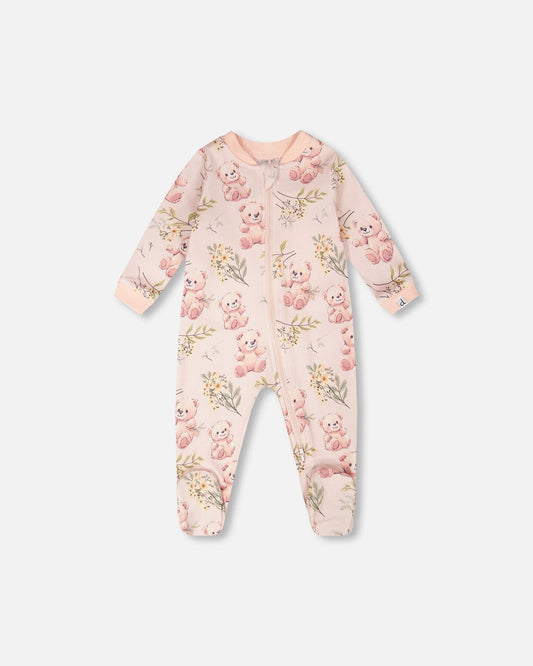 Organic Cotton Baby One-Piece Pyjama Pale Pink Bear Print