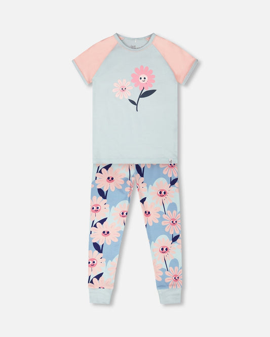Organic Cotton Two-Piece Pyjama Set Blue Smiling Flower Print