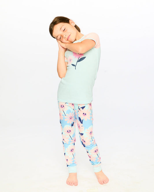 Organic Cotton Two-Piece Pyjama Set Blue Smiling Flower Print
