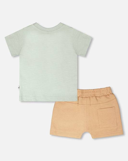 Organic Cotton T-Shirt And Short Set Mint Green And Beige