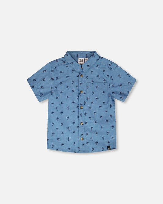 Short Sleeve Chambray Shirt Blue Palm Print