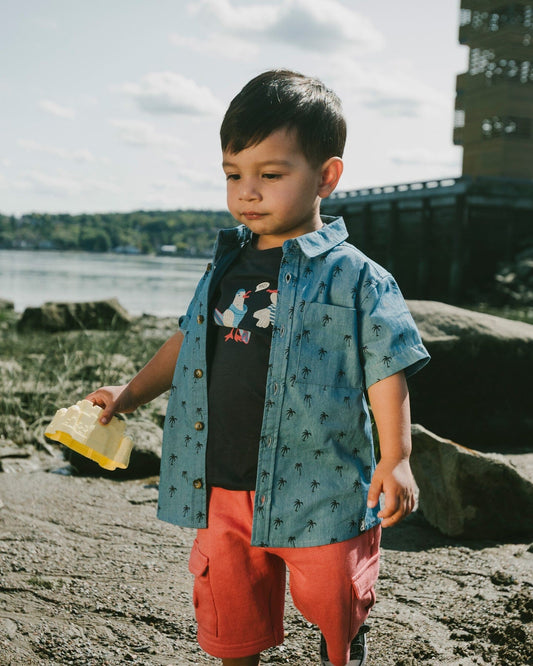 Short Sleeve Chambray Shirt Blue Palm Print