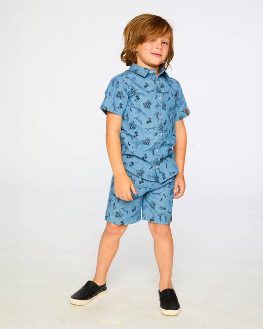 Chambray Short-Sleeve Shirt Blue Printed Skateboards