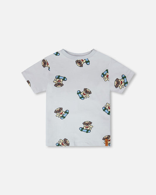 Organic Cotton Jersey T-Shirt Blue Pug Print