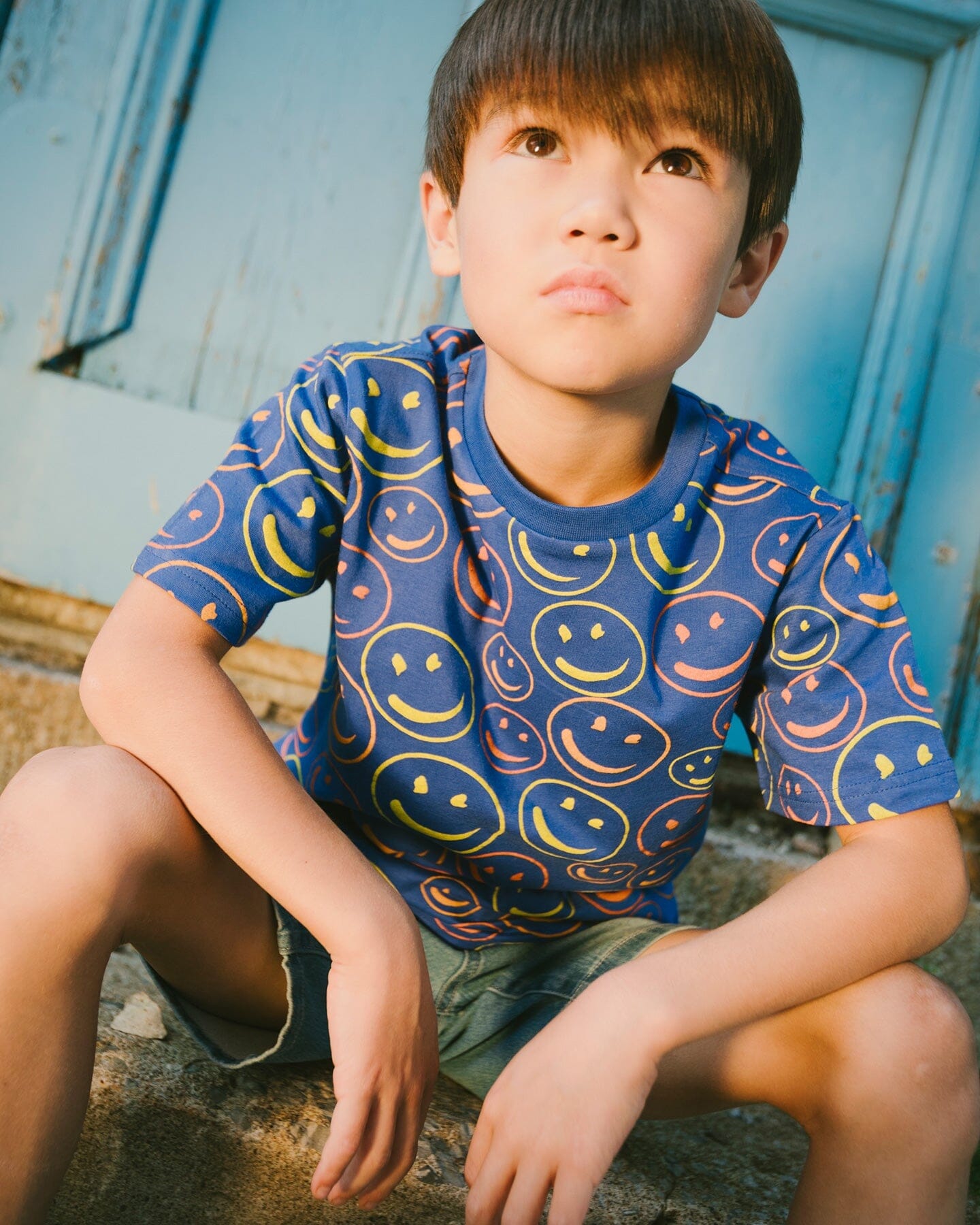 Organic Cotton Jersey T-Shirt Blue Smiley Print