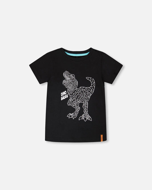Organic Cotton Jersey T-Shirt With Dino Print Black