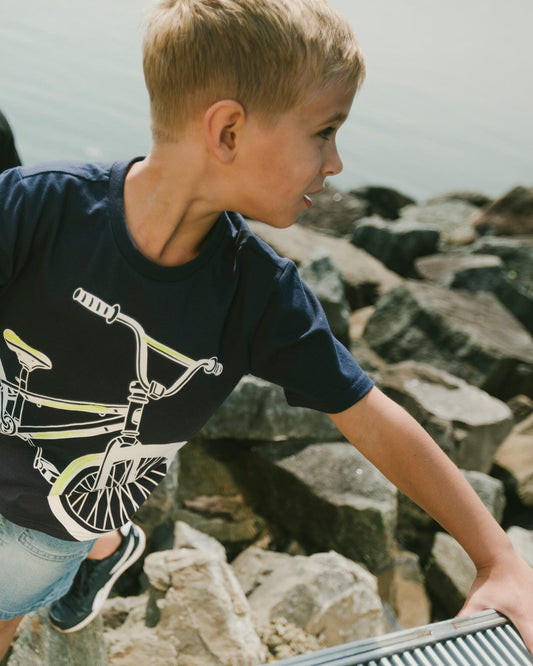 Organic Cotton Jersey T-Shirt With Bike Print Dark Blue