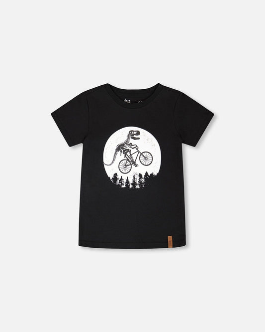 Glow In The Dark Organic Cotton Jersey T-Shirt With Dino On Bike Print Black