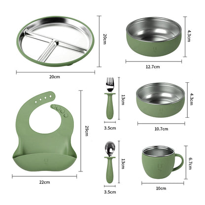 Premium 7-Piece Silicone & Stainless Steel Kids Dinnerware Set | Feeding Set
