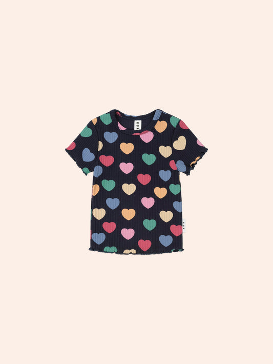 T-shirt côtelé multi cœurs | Marine | Huxbaby