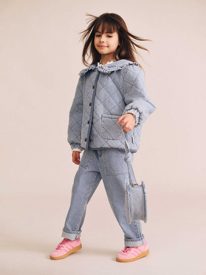 Veste en jean vintage à col lavallière | Rayures bleues | Huxbaby