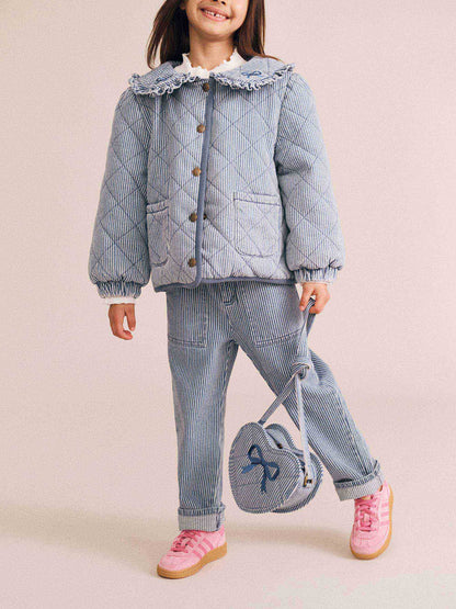 Veste en jean vintage à col lavallière | Rayures bleues | Huxbaby