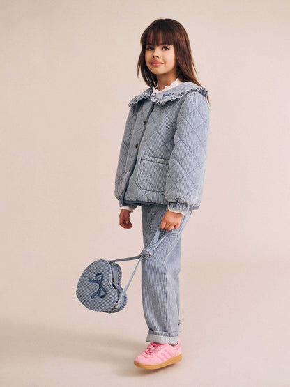 Veste en jean vintage à col lavallière | Rayures bleues | Huxbaby